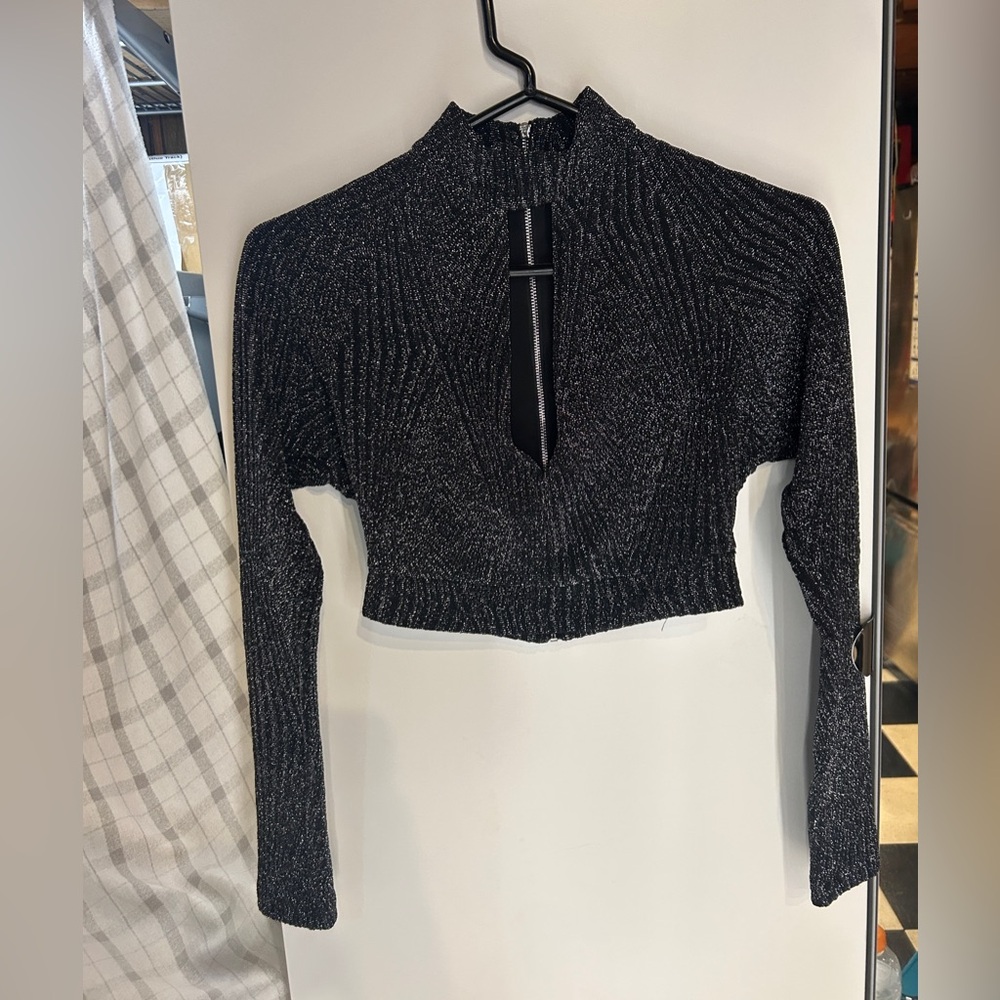Bebe Black Glitter Long Sleeve Crop Top